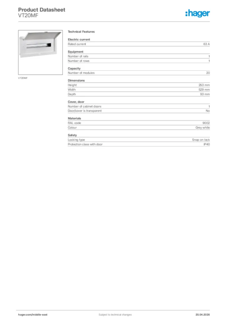 Image Hager Product data sheet VT20MF  | Hager
