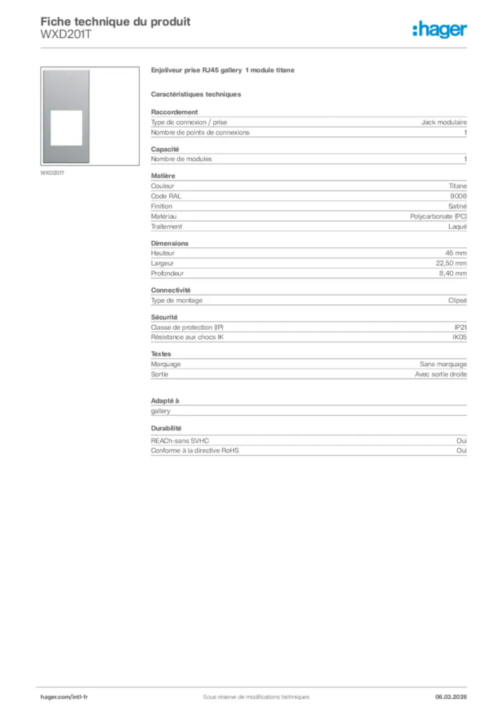 Image Hager Fiche technique du produit WXD201T | Hager Afrique