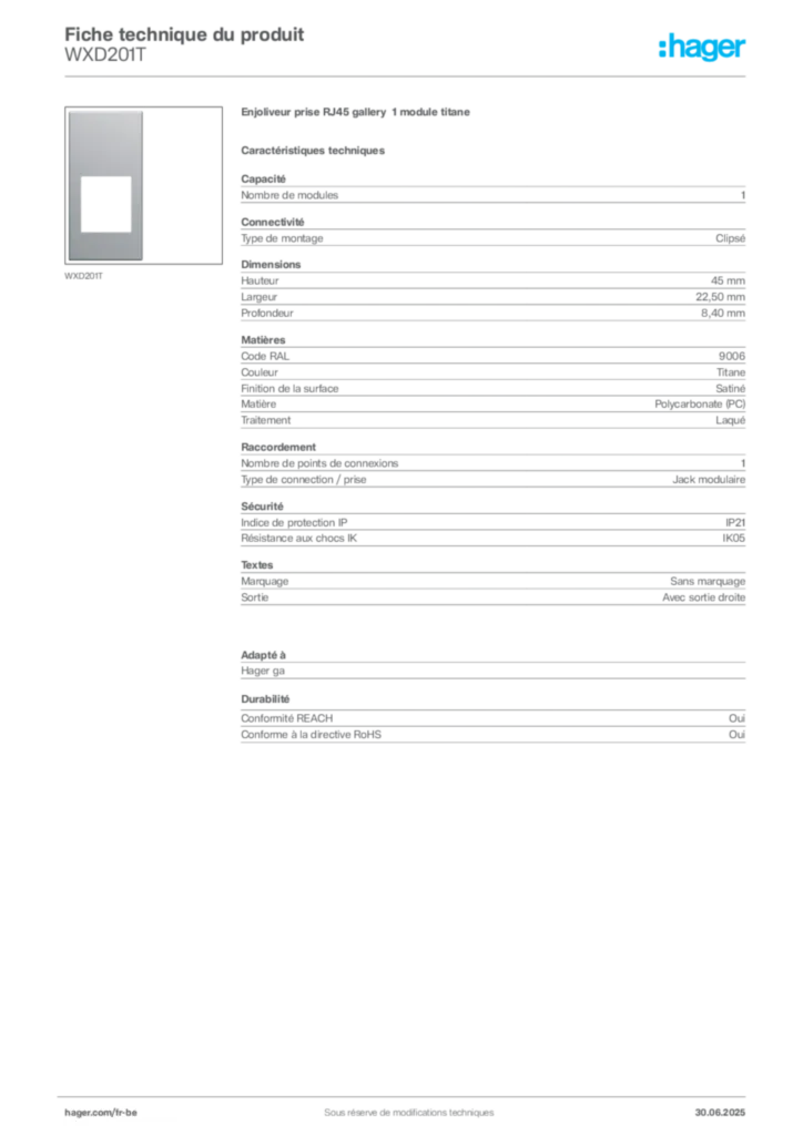 Image Hager Fiche technique du produit WXD201T | Hager Belgique