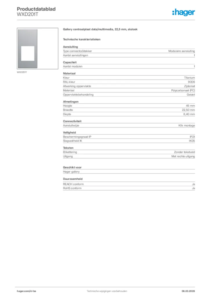 Afbeelding Hager Productdatablad WXD201T | Hager Belgium