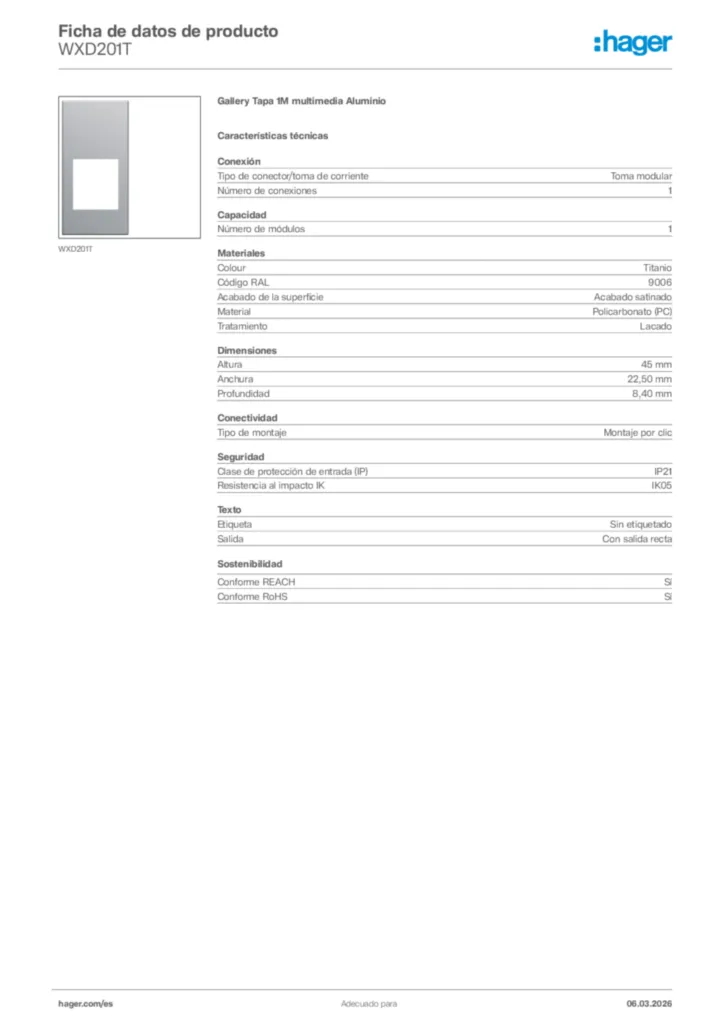 Imagen Hager Ficha de datos de producto WXD201T | Hager España