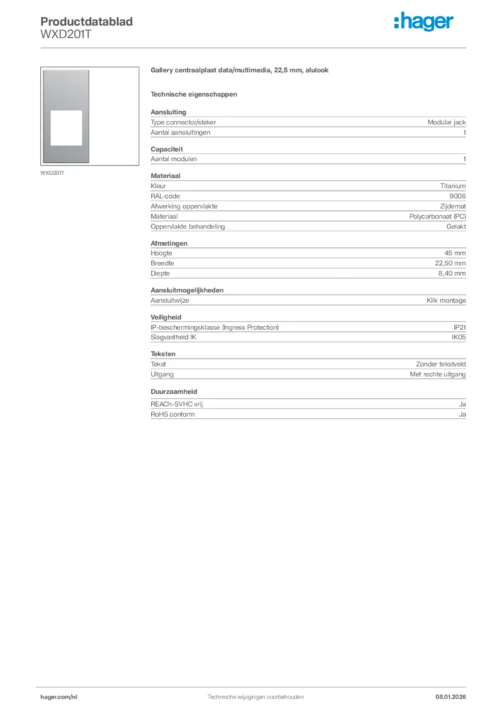 Afbeelding Hager Productdatablad WXD201T | Hager Nederland