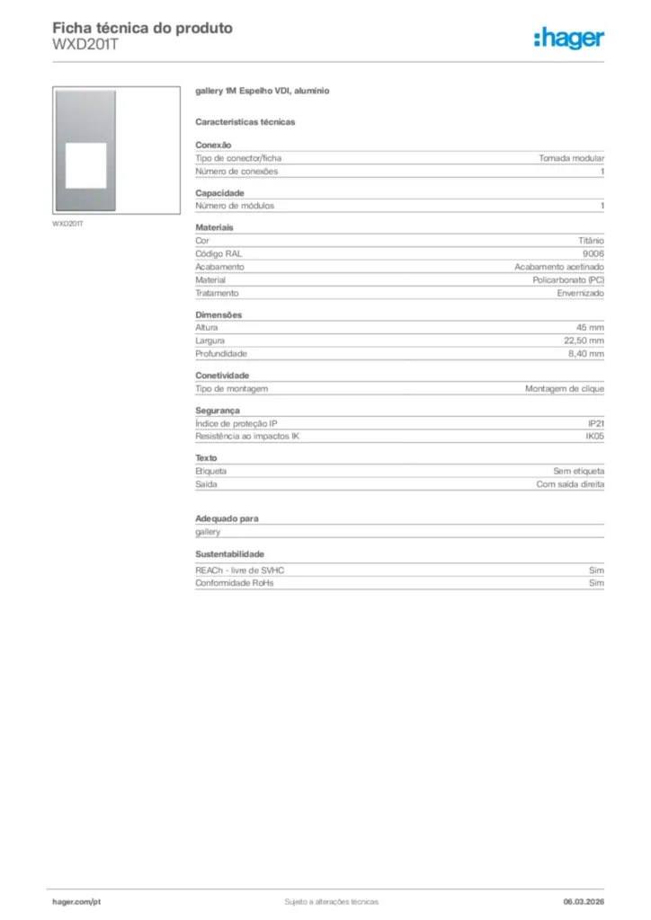 Imagem Hager Ficha técnica do produto WXD201T | Hager Portugal