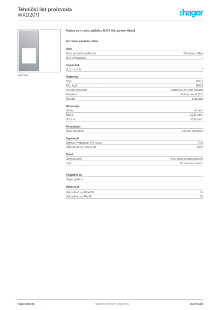Slika Hager Product data sheet WXD201T  | Hager