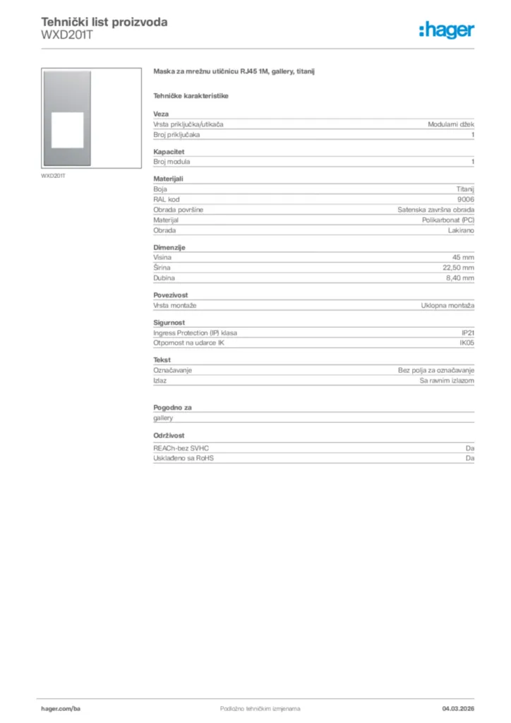 Slika Hager Tehnički list proizvoda WXD201T  | Hager