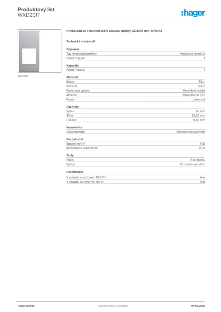Obrázek Hager Product data sheet WXD201T | Hager