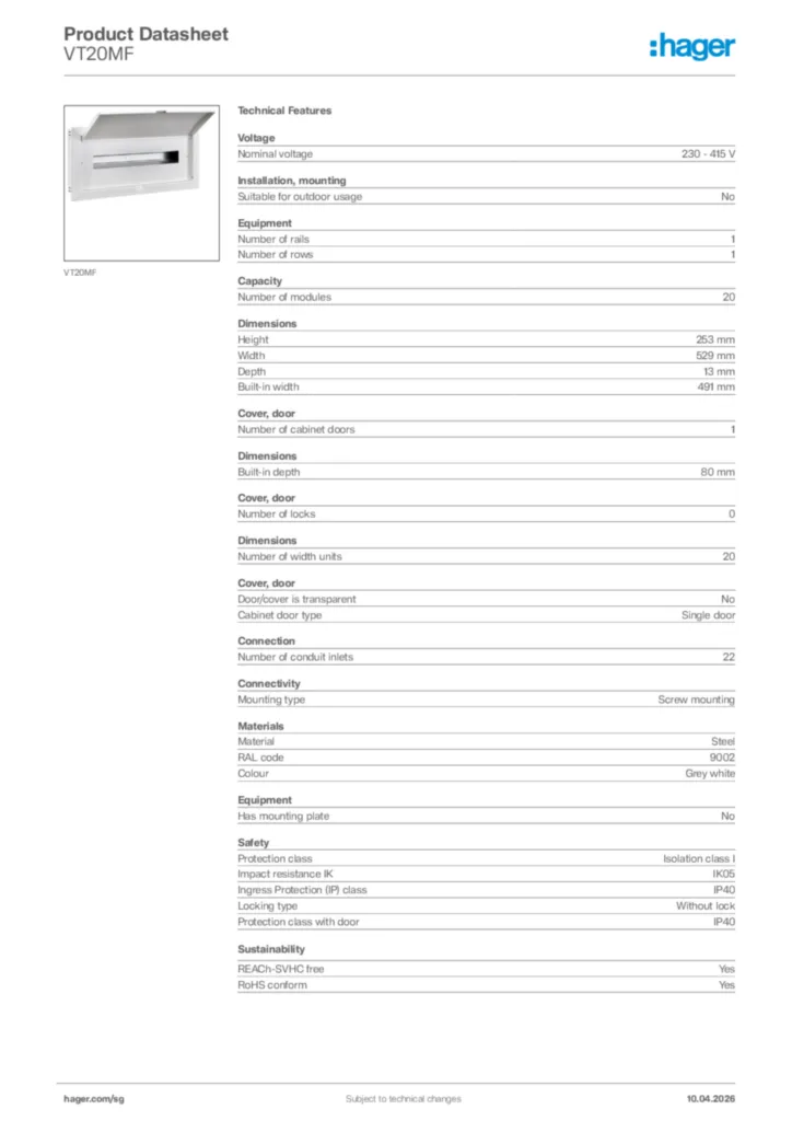 Image Hager Product data sheet VT20MF  | Hager