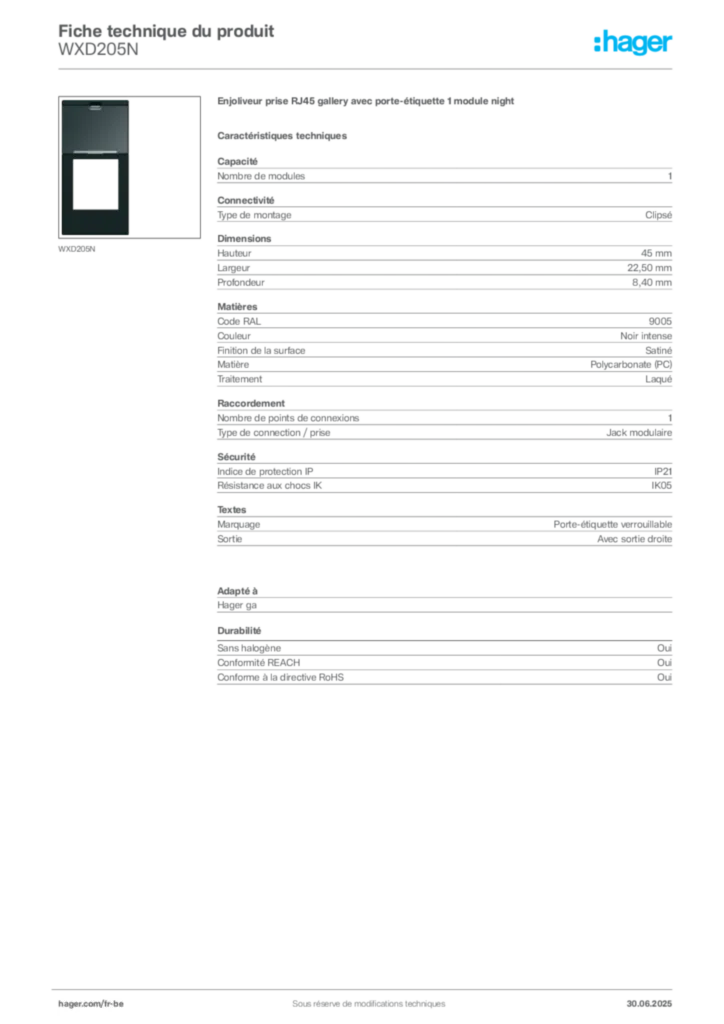 Image Hager Fiche technique du produit WXD205N | Hager Belgique