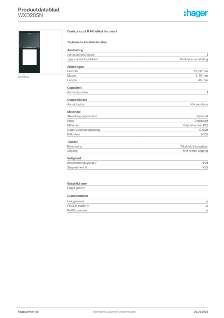 Afbeelding Hager Productdatablad WXD205N | Hager Belgium