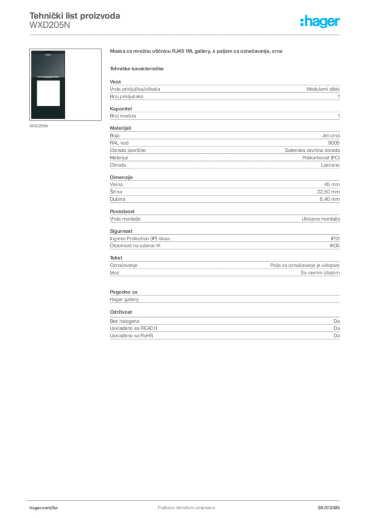 Slika Hager Product data sheet WXD205N  | Hager