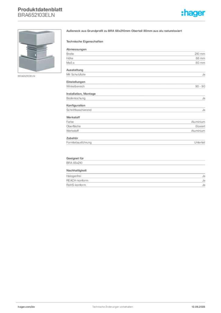 Bild Hager Produktdatenblatt BRA652103ELN | Hager Deutschland