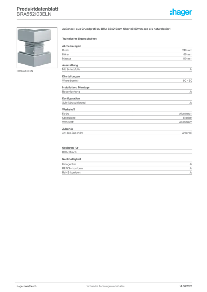 Bild Hager Produktdatenblatt BRA652103ELN | Hager Schweiz