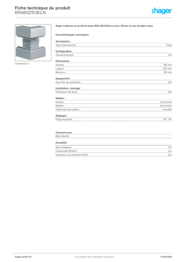 Image Hager Fiche technique du produit BRA652103ELN | Hager Suisse