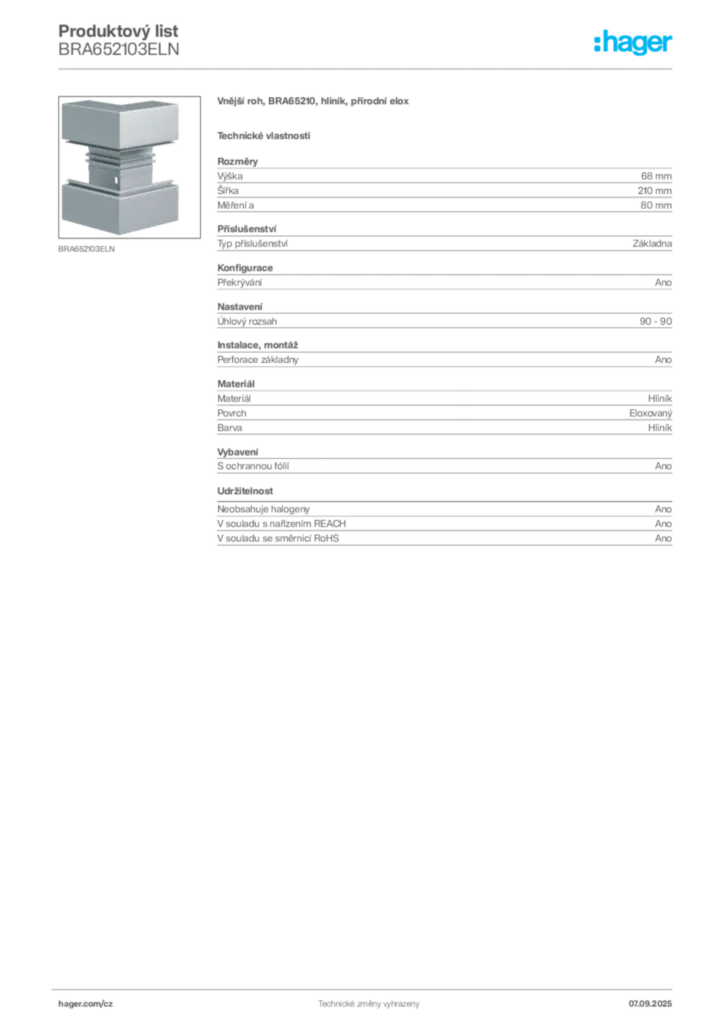 Obrázek Hager Produktový list BRA652103ELN | Hager