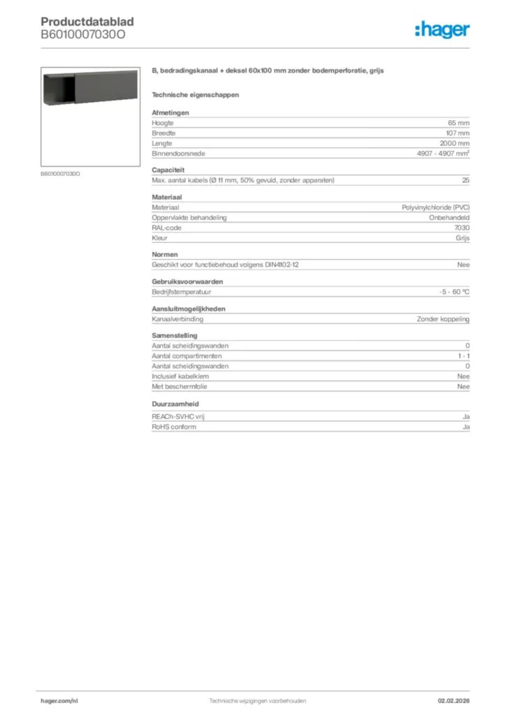 Afbeelding Hager Productdatablad B6010007030O | Hager Nederland
