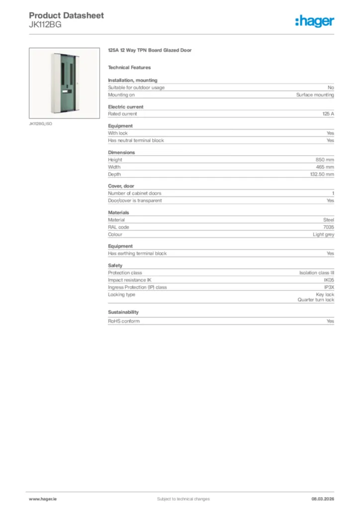 Image Hager Product data sheet JK112BG  | Hager