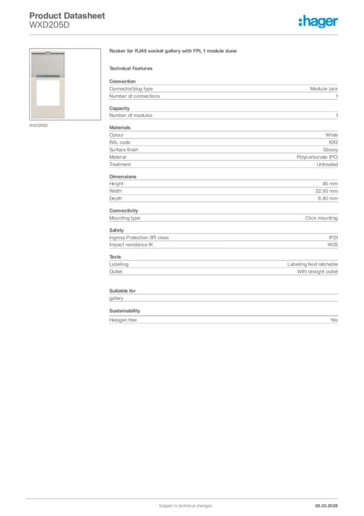 Image Hager Product data sheet WXD205D  | Hager Africa