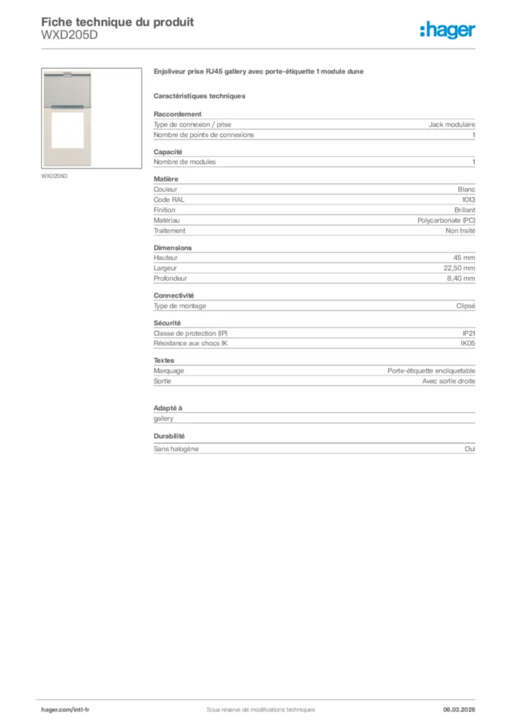 Image Hager Fiche technique du produit WXD205D | Hager Afrique