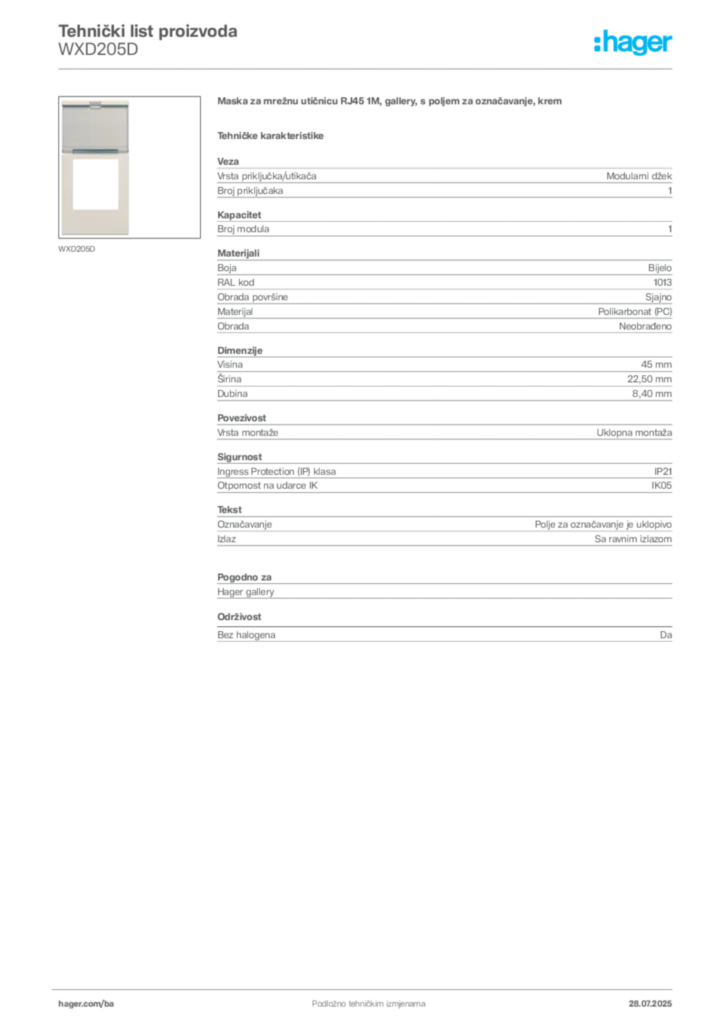 Slika Hager Product data sheet WXD205D  | Hager