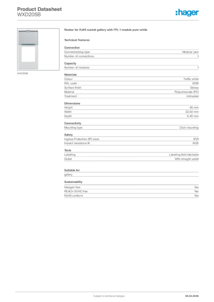 Image Hager Product data sheet WXD205B  | Hager Africa