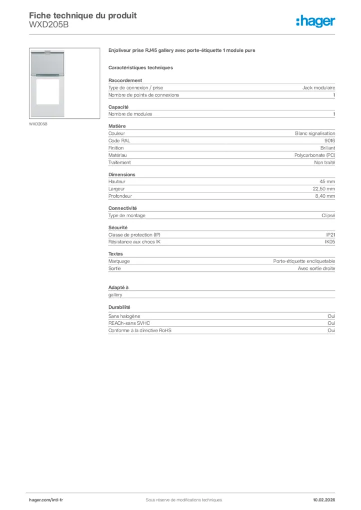 Image Hager Fiche technique du produit WXD205B | Hager Afrique