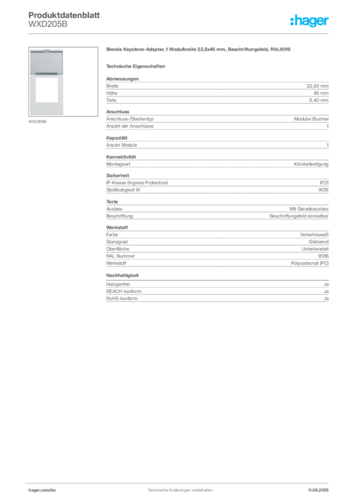 Bild Hager Produktdatenblatt WXD205B | Hager Deutschland