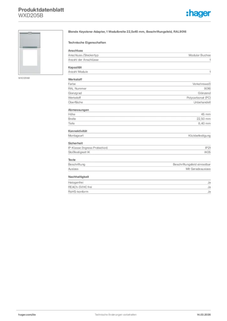 Bild Hager Produktdatenblatt WXD205B | Hager Deutschland