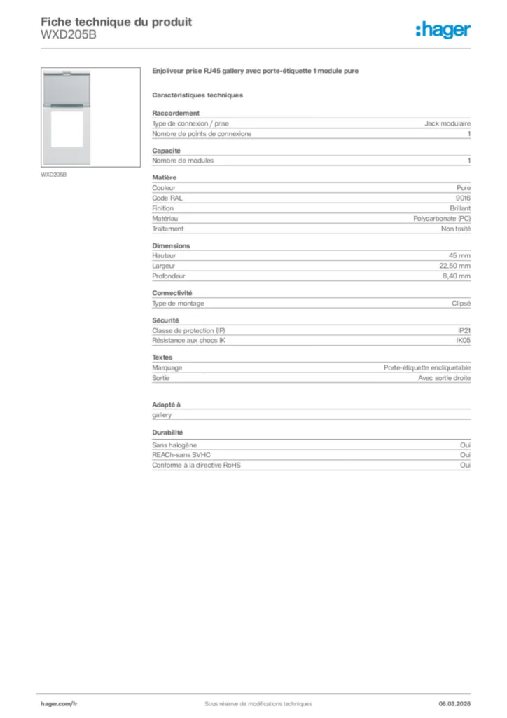 Image Hager Fiche technique du produit WXD205B | Hager France