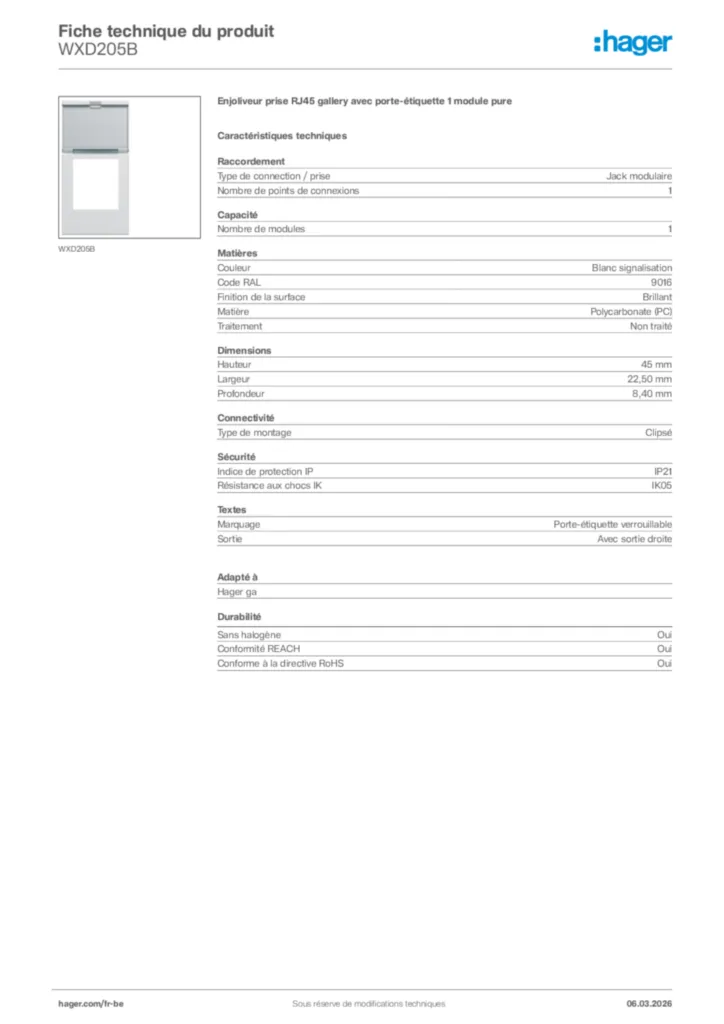 Image Hager Fiche technique du produit WXD205B | Hager Belgique