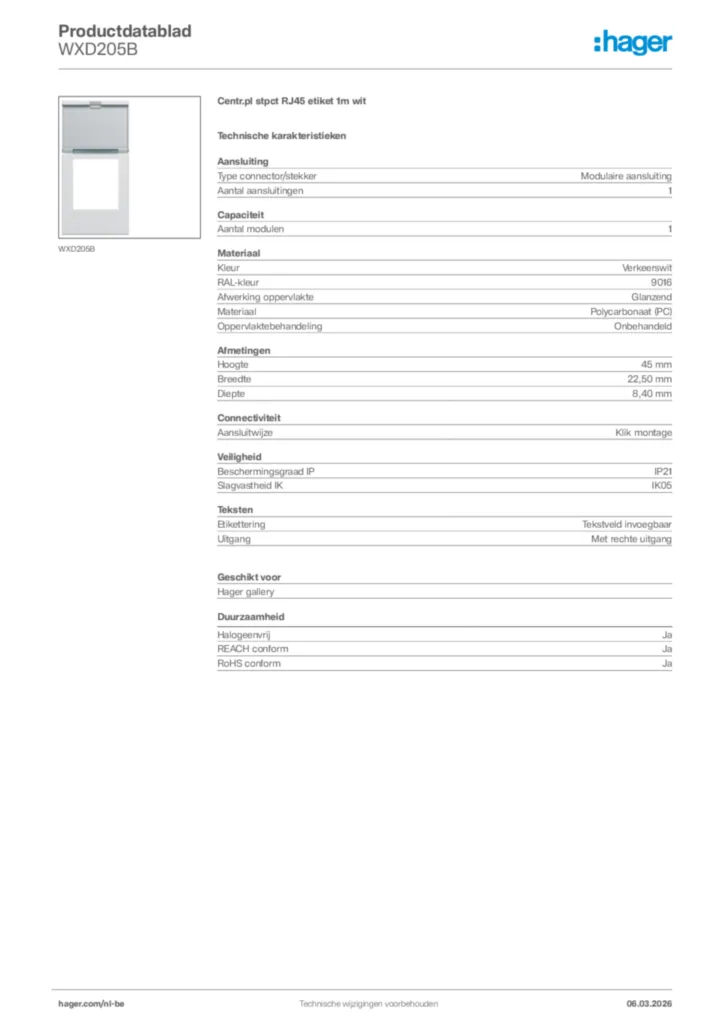 Afbeelding Hager Productdatablad WXD205B | Hager Belgium