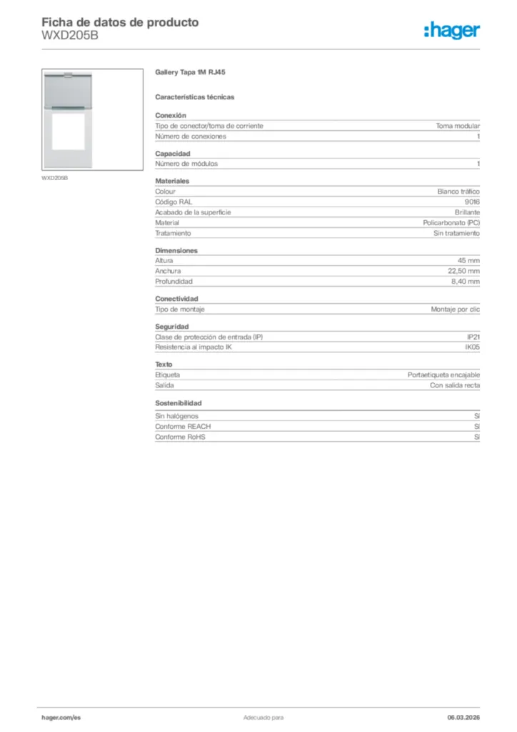 Imagen Hager Ficha de datos de producto WXD205B | Hager España