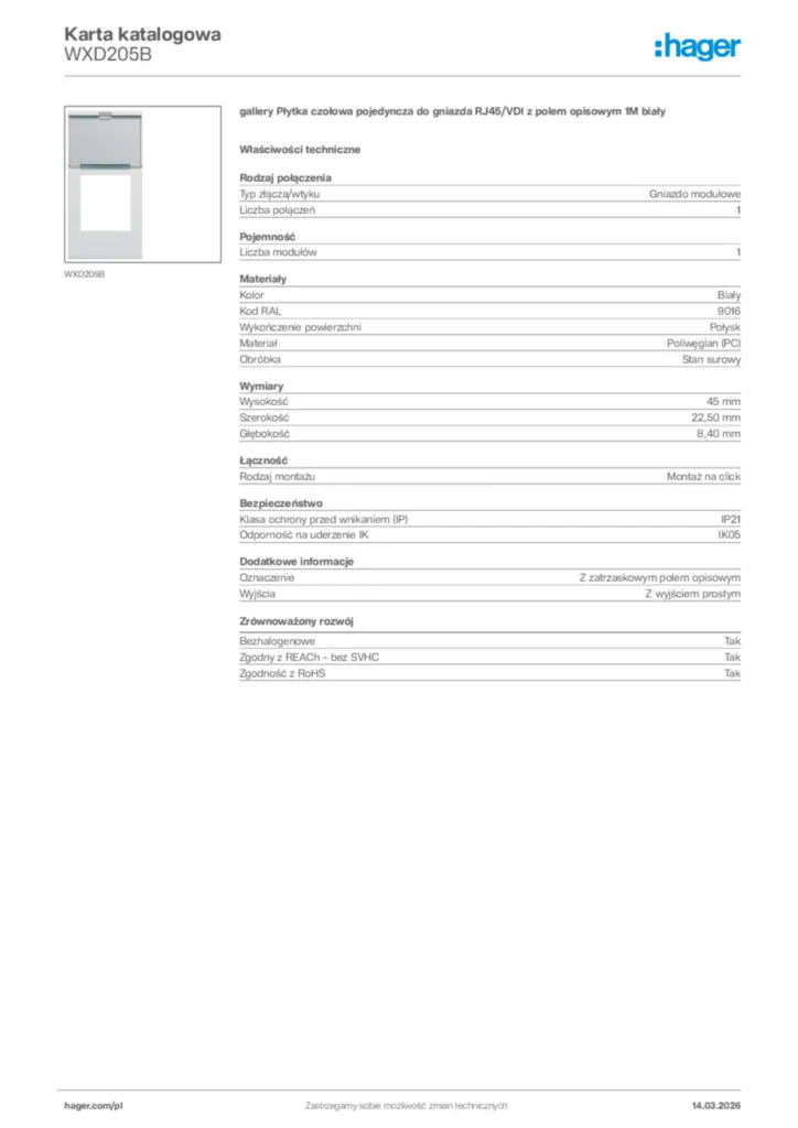 Zdjęcie Hager Karta katalogowa WXD205B | Hager Polska