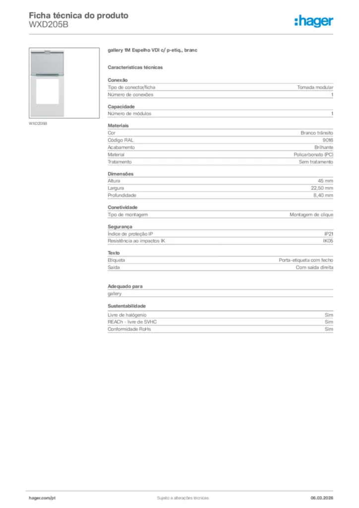 Imagem Hager Ficha técnica do produto WXD205B | Hager Portugal