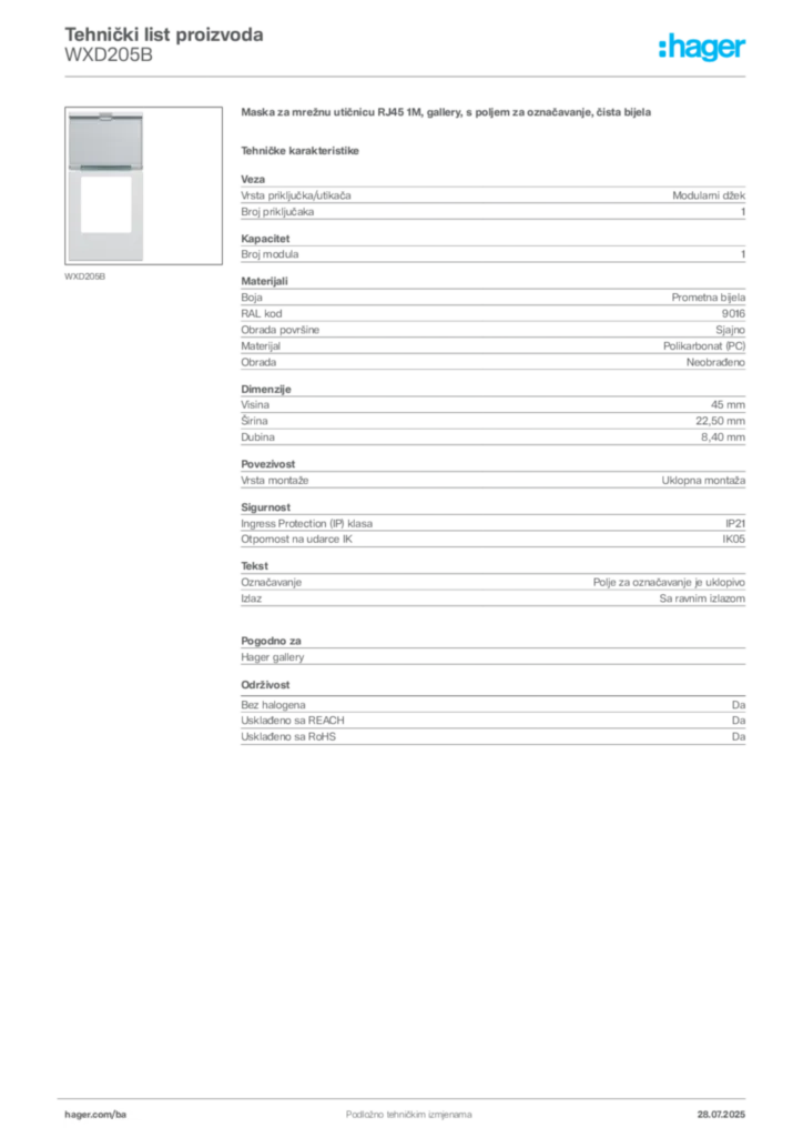 Slika Hager Product data sheet WXD205B  | Hager