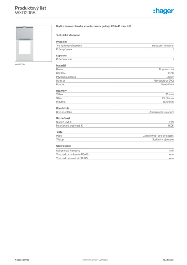 Obrázek Hager Produktový list WXD205B | Hager