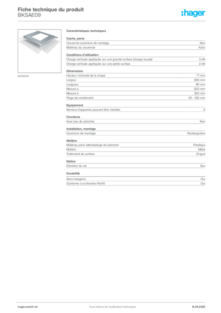 Image Hager Fiche technique du produit BKSAE09 | Hager Suisse