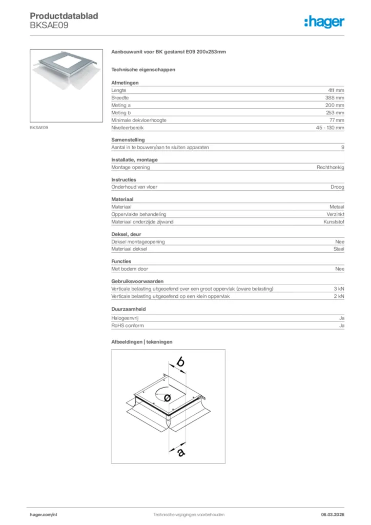 Afbeelding Hager Productdatablad BKSAE09 | Hager Nederland