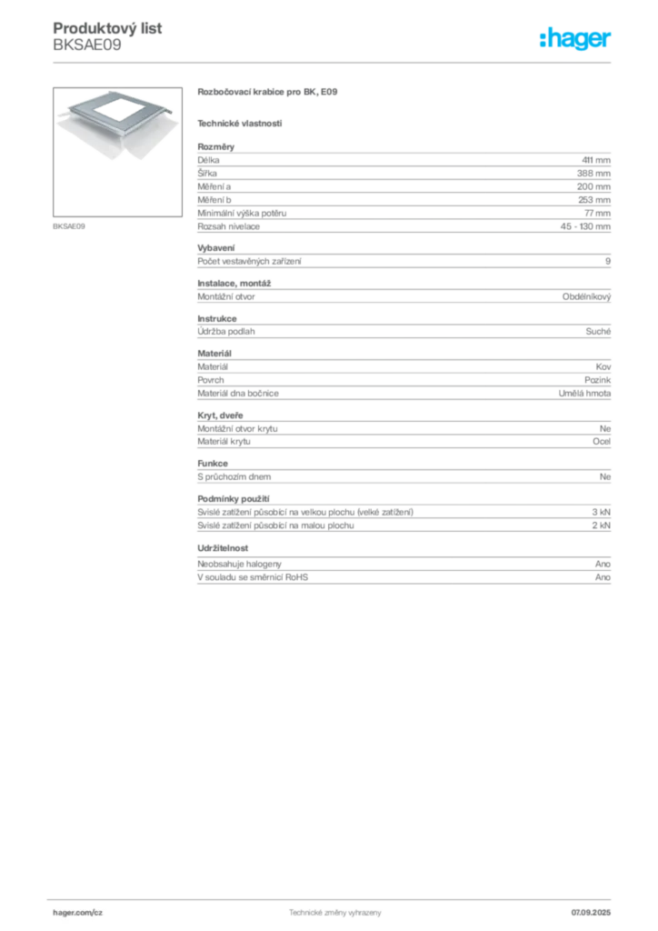 Obrázek Hager Produktový list BKSAE09 | Hager