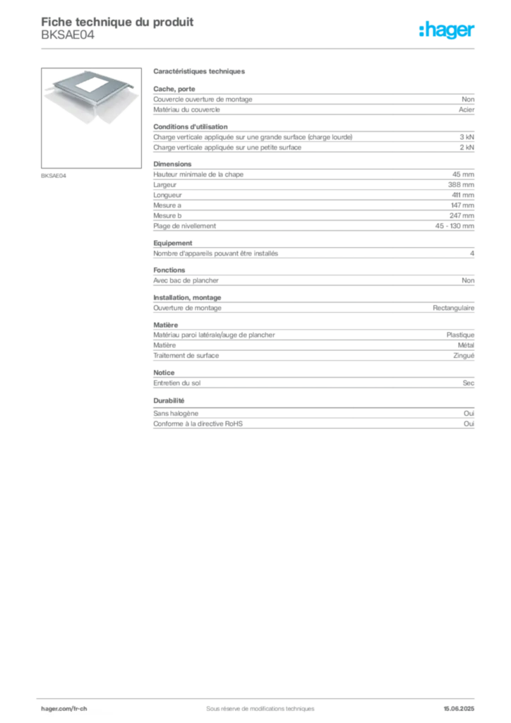 Image Hager Fiche technique du produit BKSAE04 | Hager Suisse