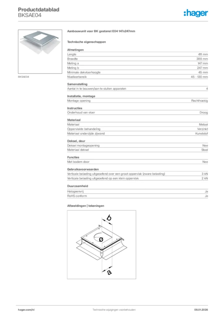 Afbeelding Hager Productdatablad BKSAE04 | Hager Nederland