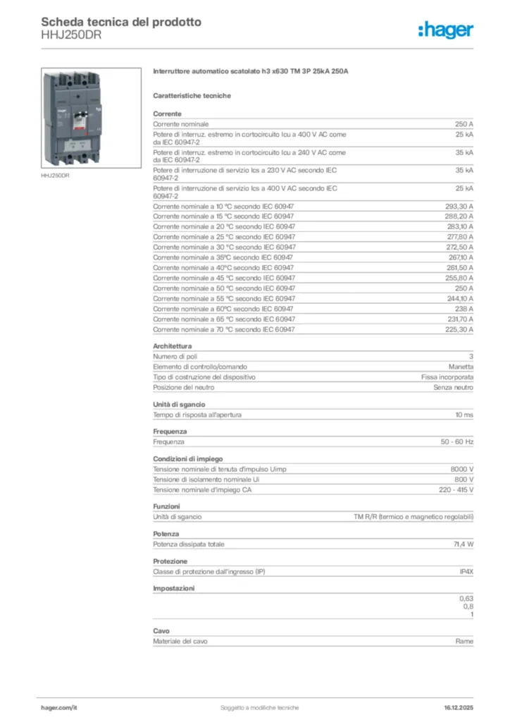 Immagine Hager Scheda tecnica del prodotto HHJ250DR | Hager Italia