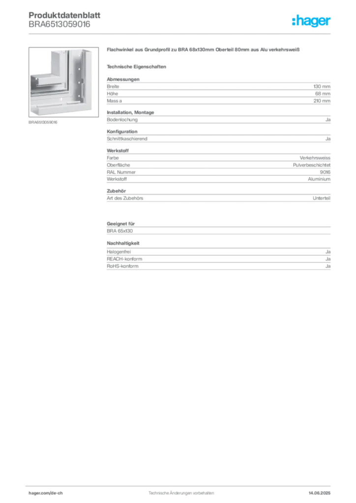 Bild Hager Produktdatenblatt BRA6513059016 | Hager Schweiz