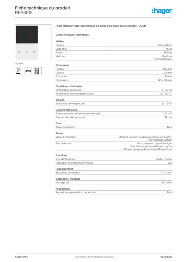 Image Hager Fiche technique du produit REA661X | Hager France