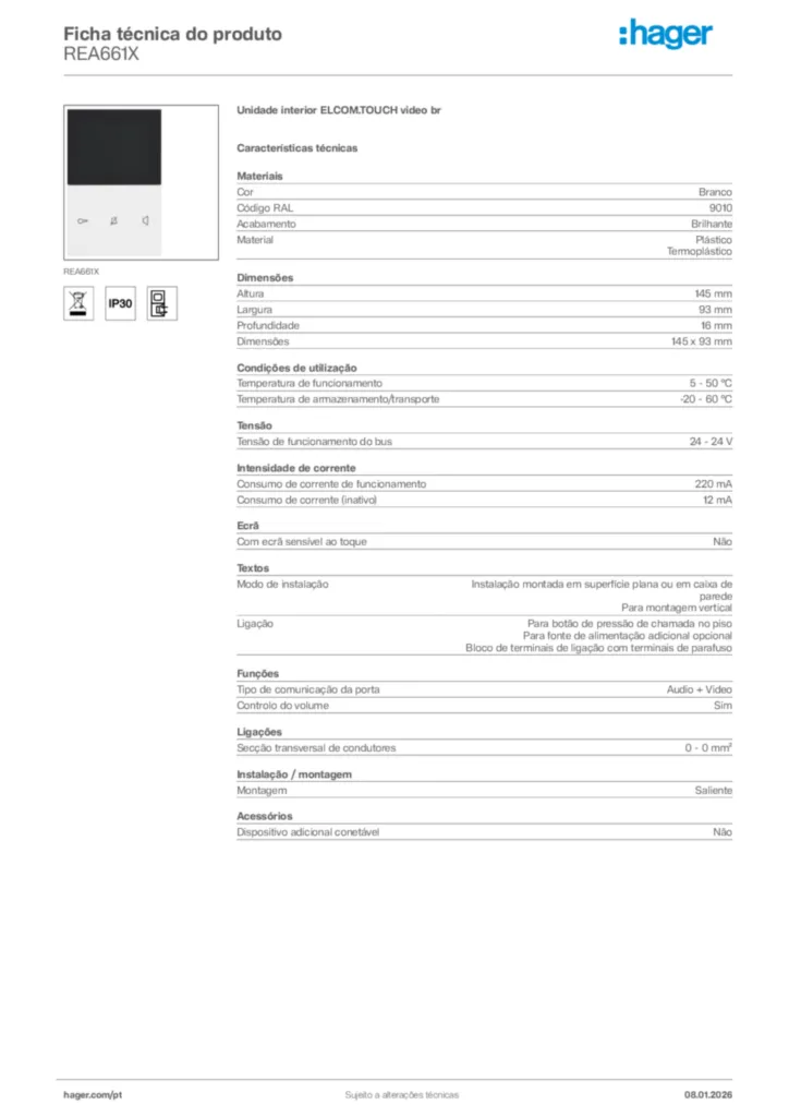 Imagem Hager Ficha técnica do produto REA661X | Hager Portugal