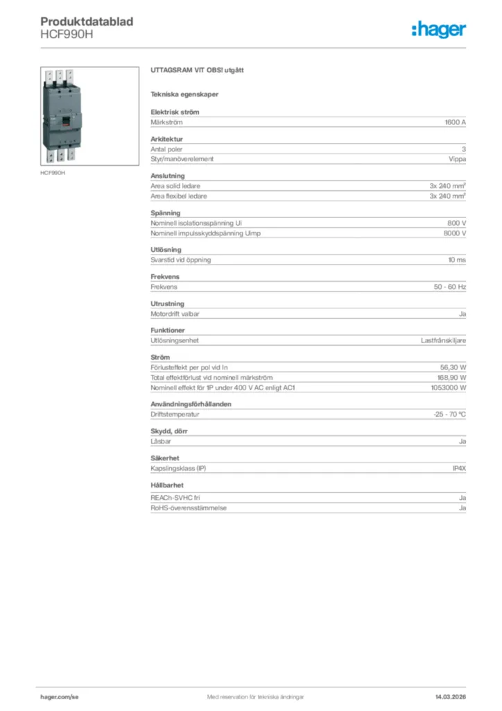 Bild Hager Produktdatablad HCF990H | Hager Sverige