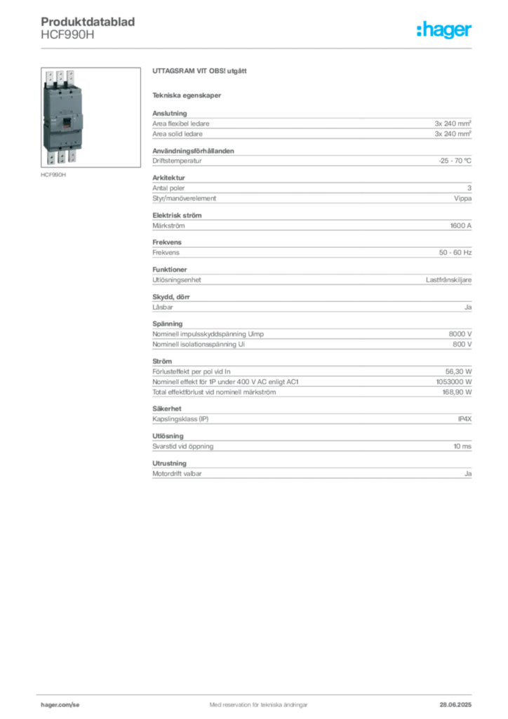Bild Hager Produktdatablad HCF990H | Hager Sverige
