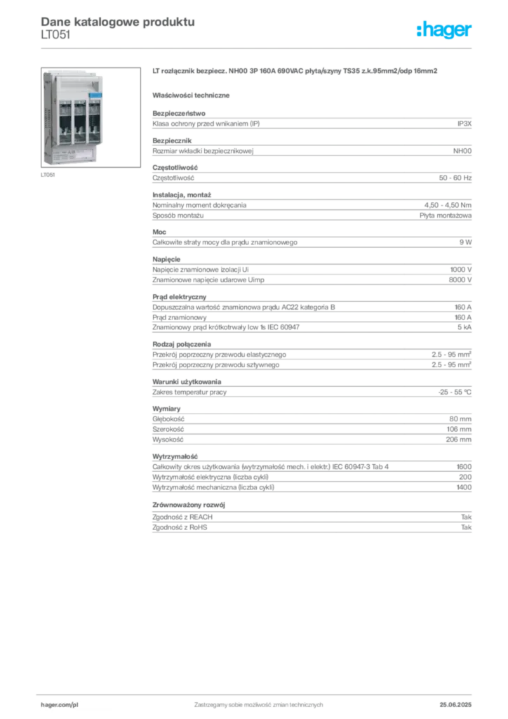 Zdjęcie Hager Karta katalogowa LT051 | Hager Polska