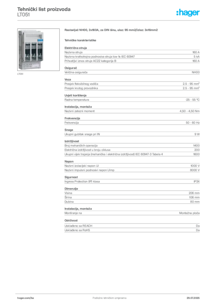 Slika Hager Product data sheet LT051  | Hager