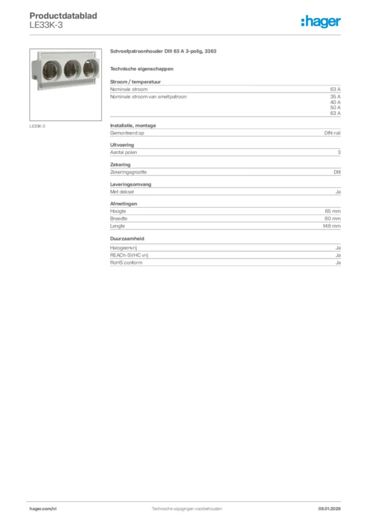 Afbeelding Hager Productdatablad LE33K-3 | Hager Nederland