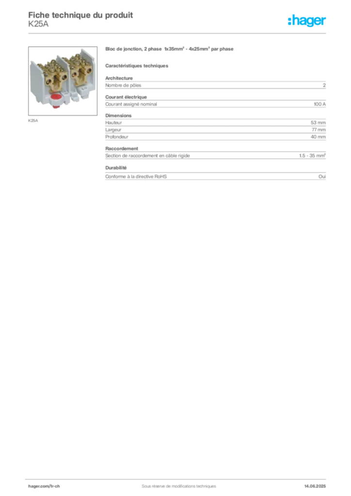 Image Hager Fiche technique du produit K25A | Hager Suisse